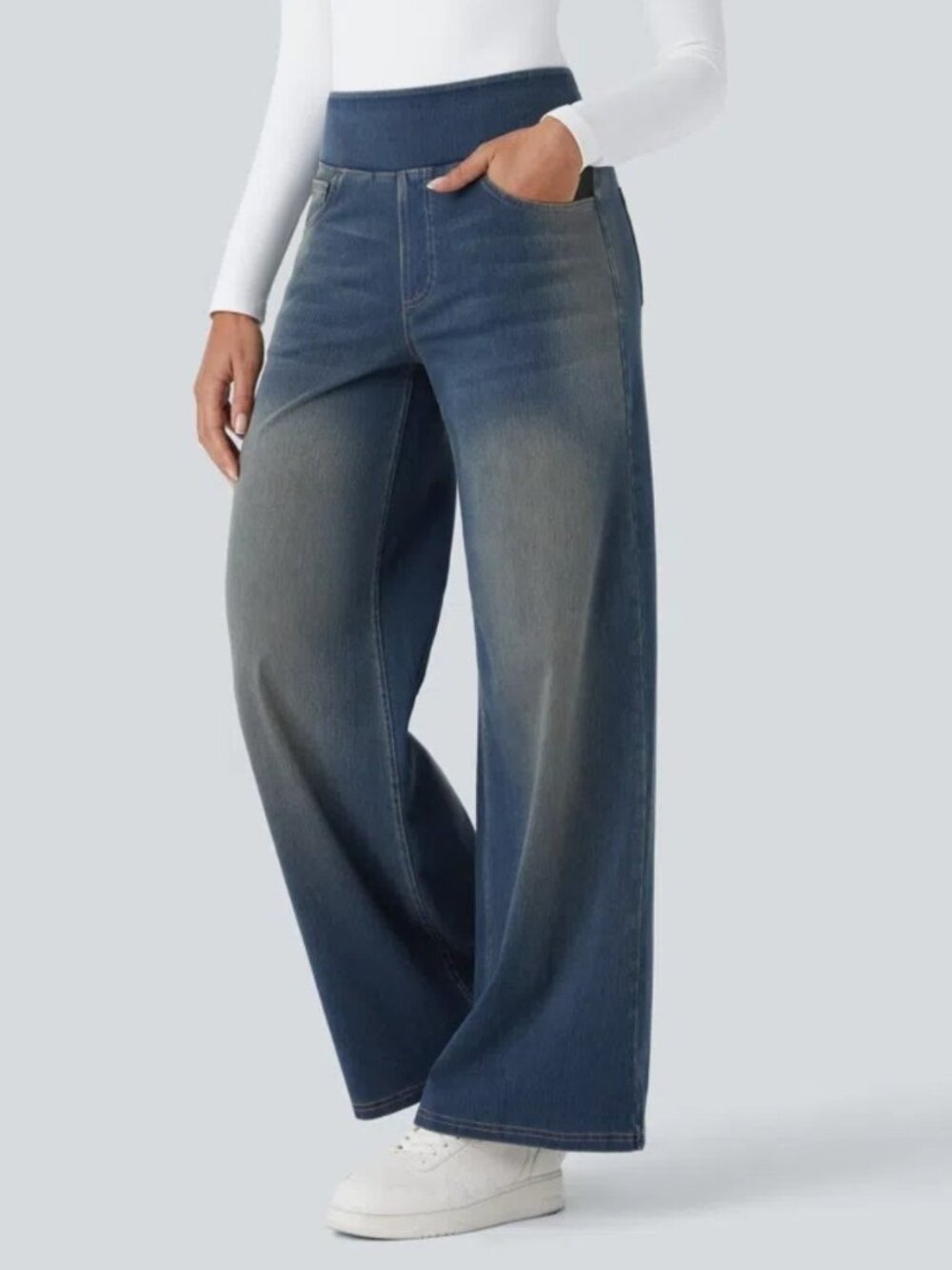 NWT Halara Large Flex High Waisted Pull On Baggy Wide Leg Jeans Cement Blue 039